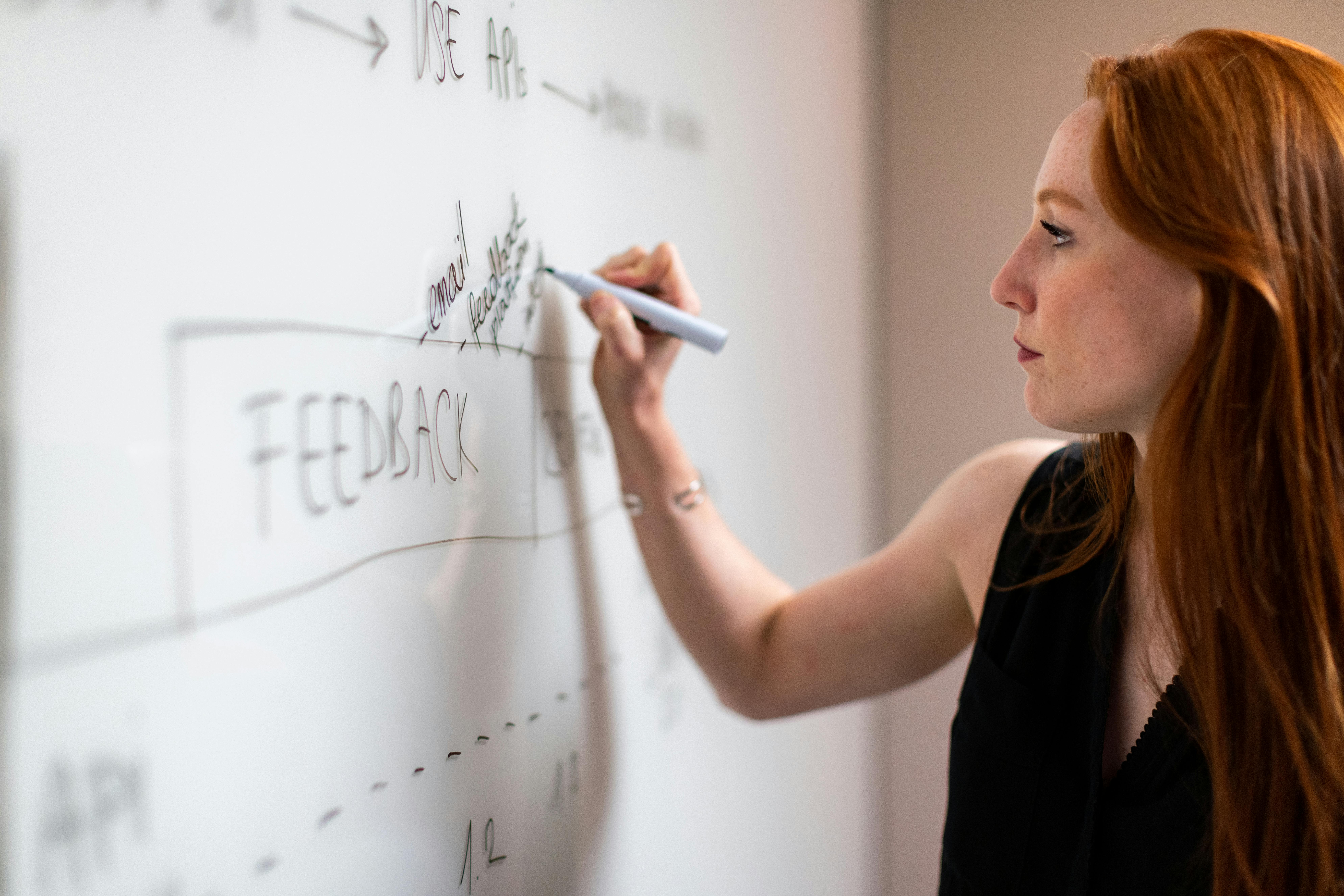 Woman In Black Sleeveless Top Writing On Whiteboard planning project