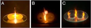 Three images labeled A, B, and C show grapes producing plasma when heated in a microwave.